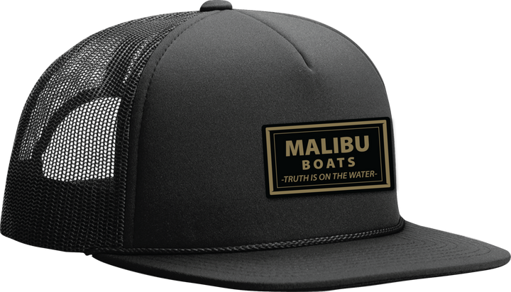 Black Malibu Sessions hat with a mesh back, front patch reading "Malibu Boats - Truth is on the Water," and a flat brim.