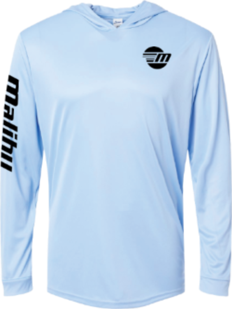 Light blue shaded shredder sun hoodie with black logo on chest and "Malibu" text on left sleeve.