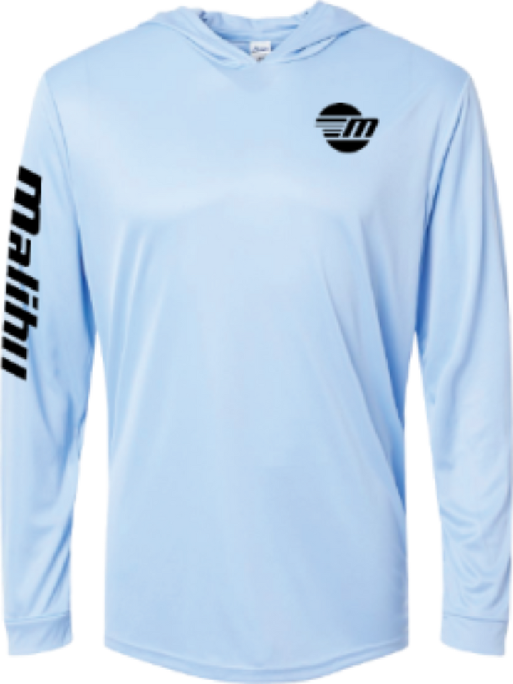 Light blue shaded shredder sun hoodie with black logo on chest and "Malibu" text on left sleeve.