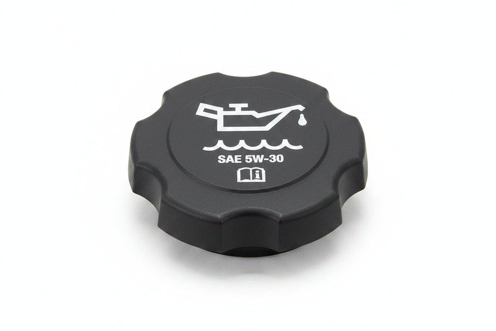 Engine oil cap with SAE 5W-30 oil viscosity label and oil can icon, used to seal the engine oil reservoir.