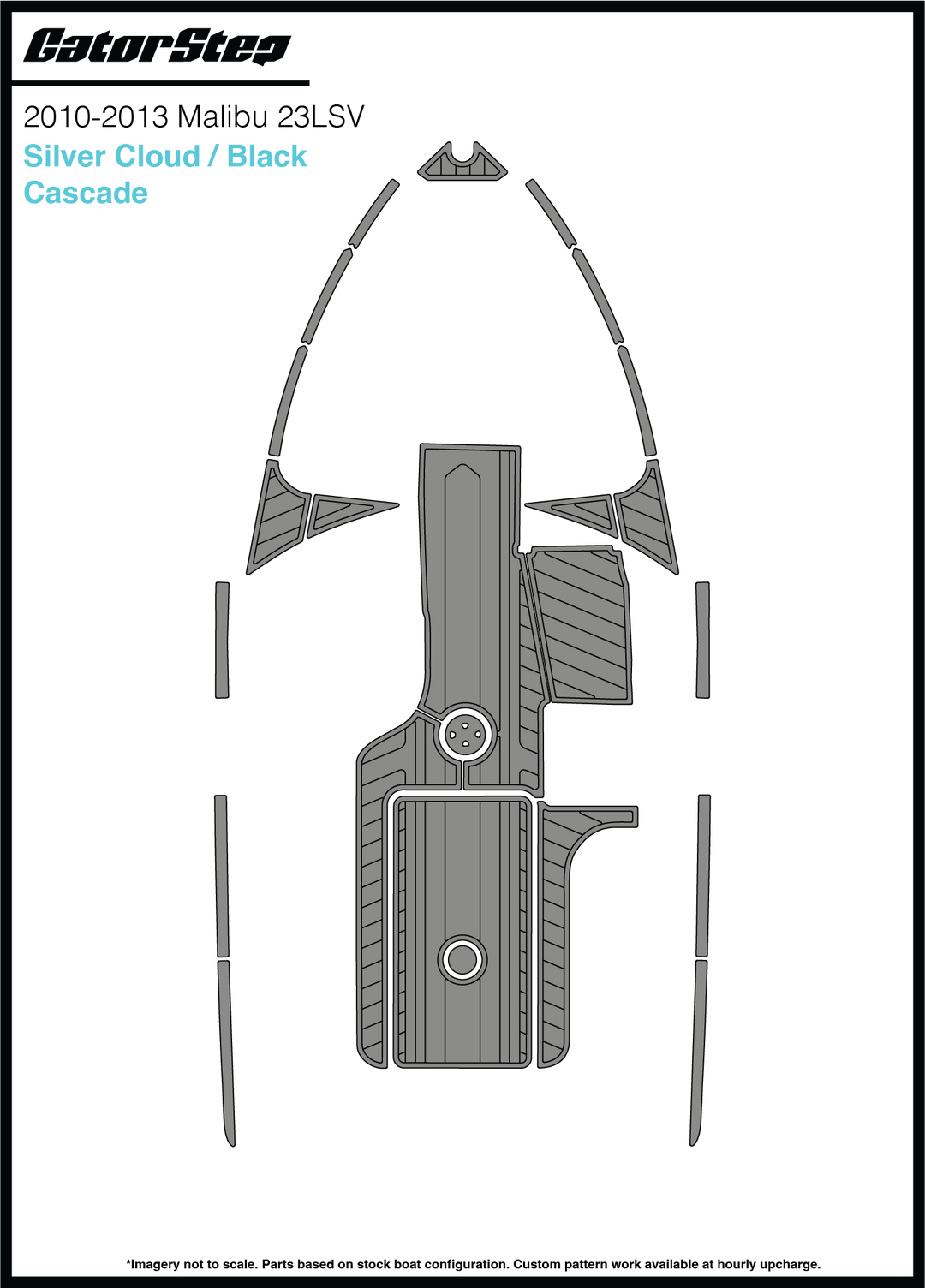 Diagram of Malibu 23LSV Soft Grip Kits for 2014, showing the silver cloud and black cascade design on the boat&