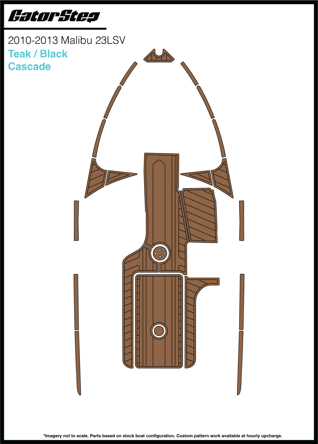 Diagram of Malibu 23LSV Soft Grip Kits for 2014, featuring teak and black cascade handles on a boat deck.