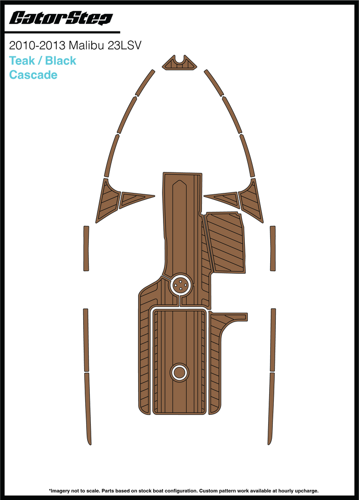 Diagram of Malibu 23LSV Soft Grip Kits for 2014, featuring teak and black cascade handles on a boat deck.