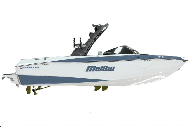 Malibu boat with a sleek design featuring a prominent Malibu emblem, ideal for enhancing your boating experience.