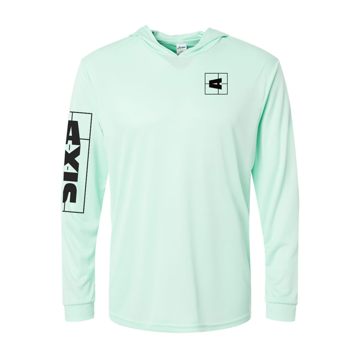 Light mint green shaded hooded sun hoodie with black AXIS logo prints on chest, sleeve, and shoulder for sun protection and style.