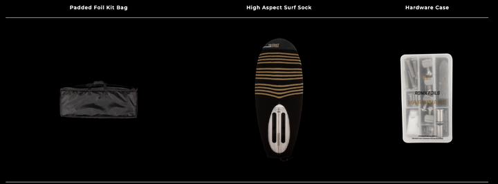High Aspect Velo surfboard with Blackbird design, accompanied by padded foil kit bag and hardware case for protection.