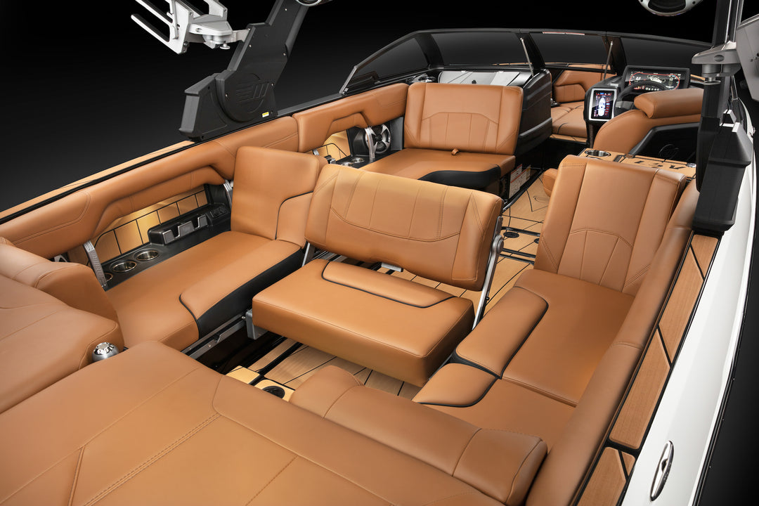 Handle for multi-view bench seat with tan leather upholstery, designed for easy grip and versatile seating arrangements.