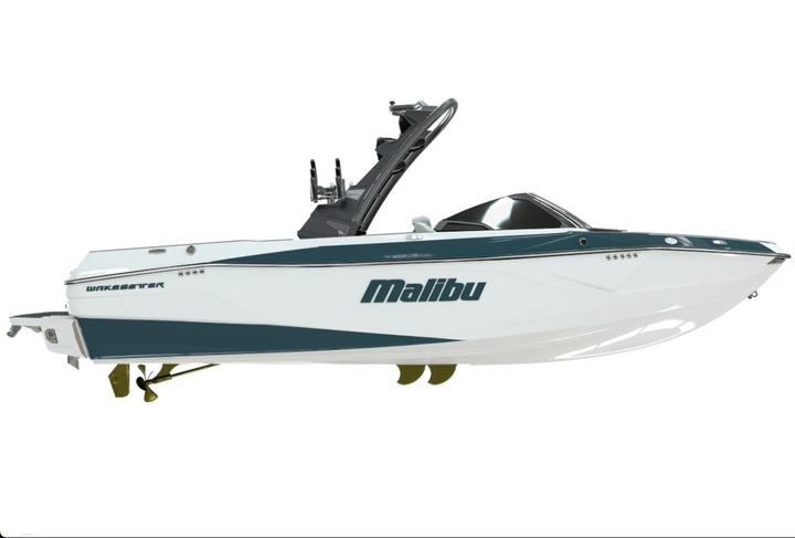 Malibu boat featuring a sleek design with a prominent Malibu emblem, ideal for enhancing your boating experience.
