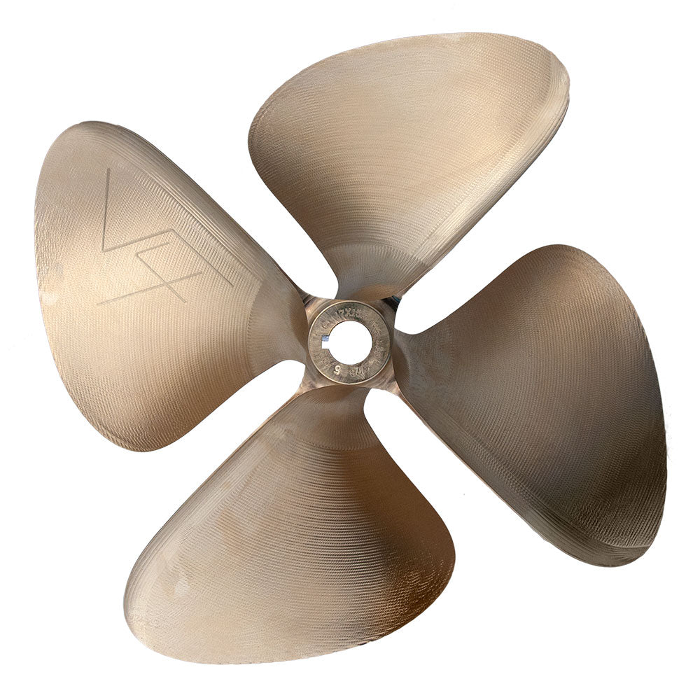 Close-up of a boat propeller with four blades, measuring 17 x 14 inches, made of metallic material.