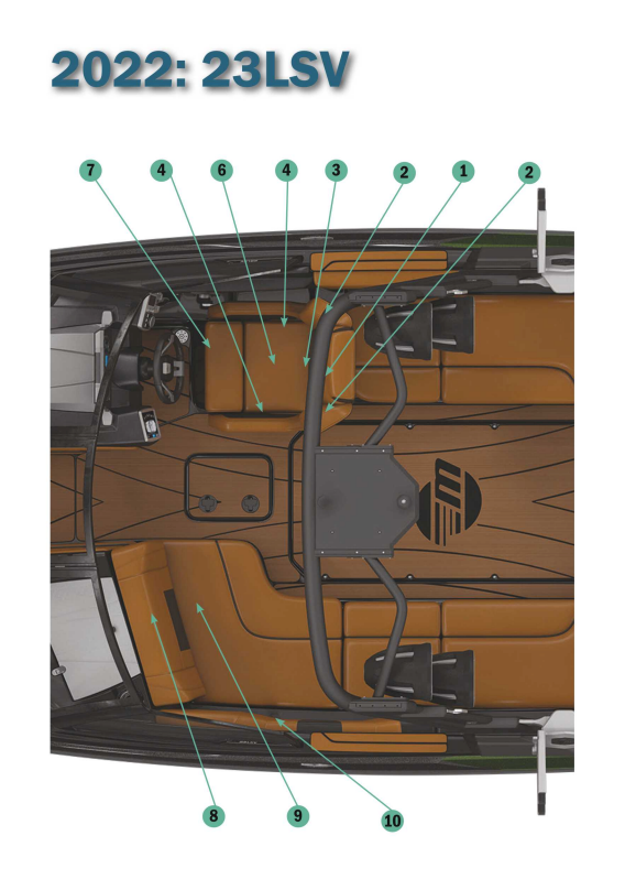 Top-down view of the Malibu 23 LSV interior, highlighting the observer seat and layout for optimal boating experience.