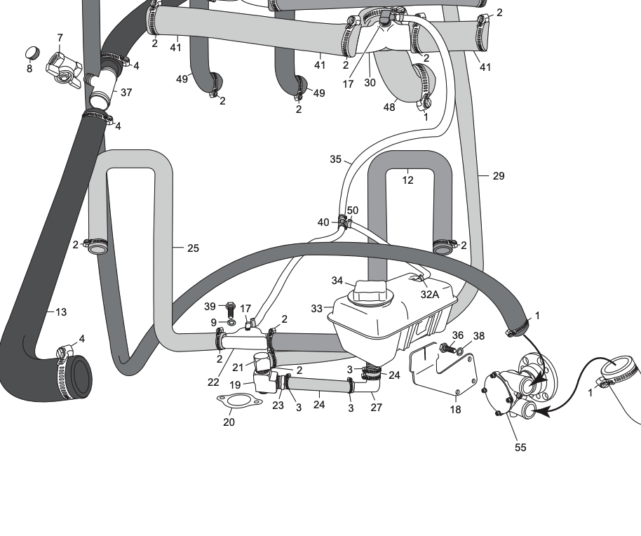Diagram of PCM 5.7L coolant cap assembly showing hoses, connections, and components for efficient cooling system maintenance.