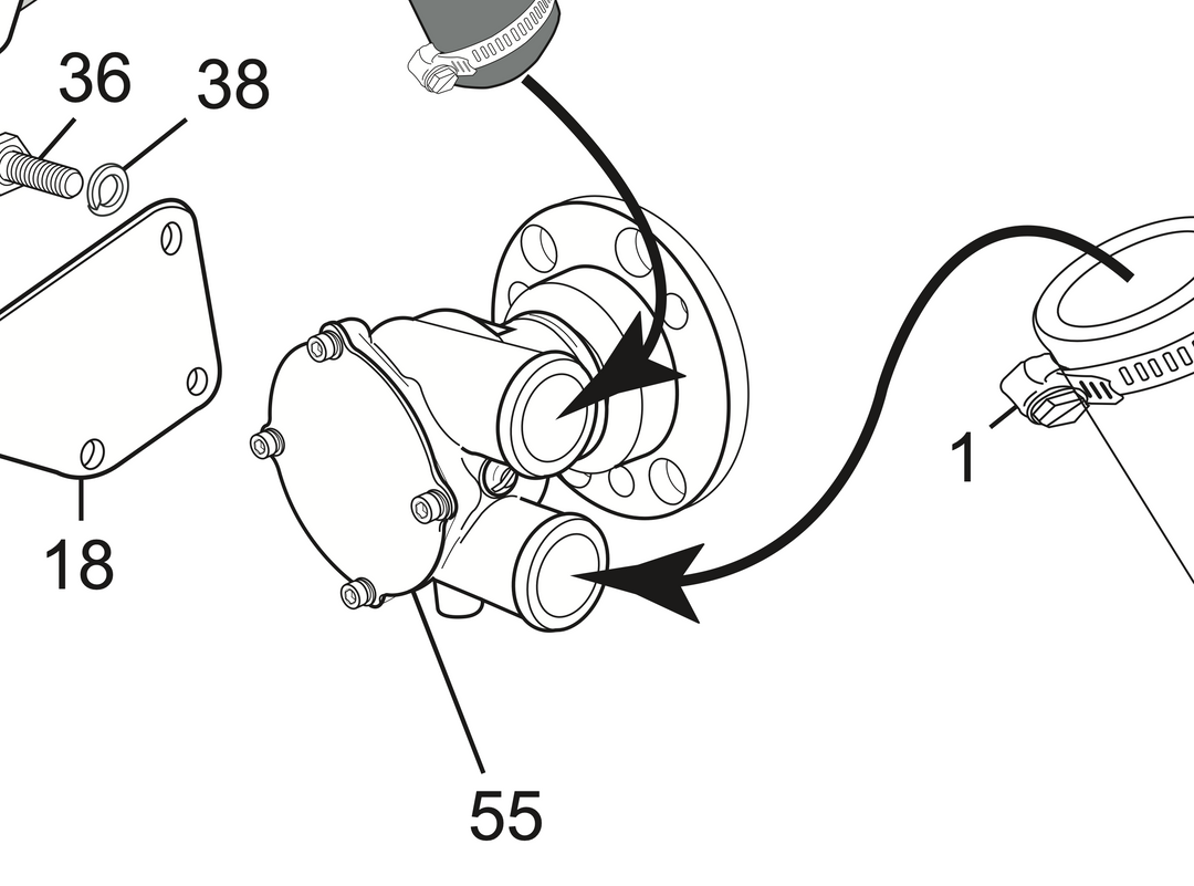 Diagram of a 5.7 PCM water pump with labeled components and flow arrows, showing installation and connection points.