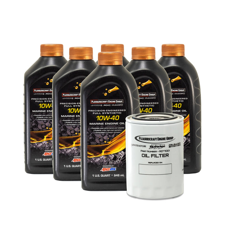 Six black bottles of PCM 10W-40 marine engine oil with orange caps and a white oil filter in front, part of a PCM oil service kit.