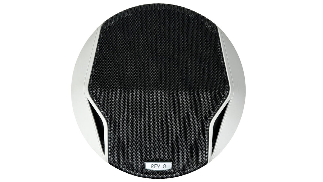 Malibu Rev 8 Speaker Grille featuring a sleek black mesh design with a silver frame for enhanced audio performance.
