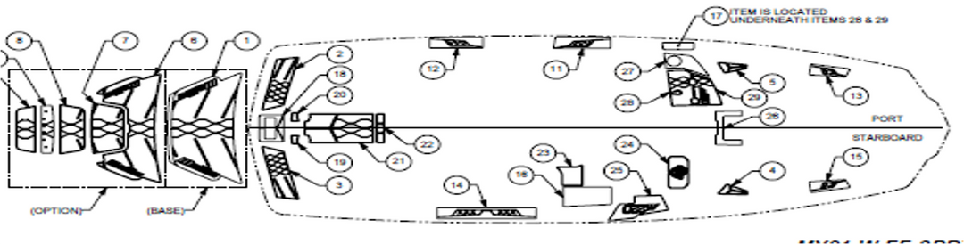 Diagram of the 2023 Malibu Soft Grip Swim Deck with labeled components and optional features for boat deck setup.