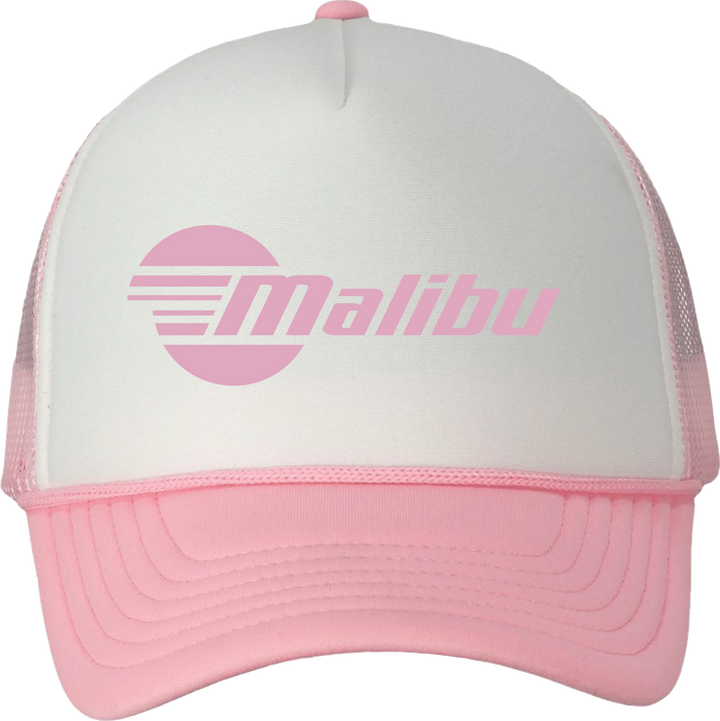 Pink and white trucker hat with "Malibu" logo and sun graphic, featuring a pink mesh back and curved brim.