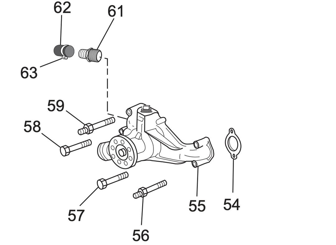 Water pump assembly for PCM Crusader 5.7L, including bolts and fittings for installation and maintenance.