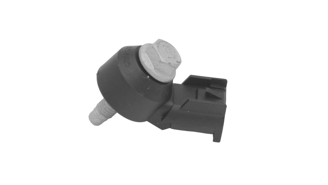 PCM knock sensor with a black plastic body, metal mounting bolt, and electrical connector for engine performance monitoring.