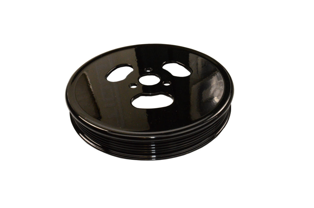 Black PCM 6.0L raw water pump pulley with multiple grooves, designed for marine engine applications.