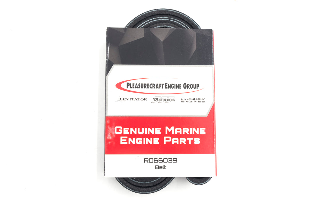 Genuine marine PCM Crusader serpentine belt for 5.7L engines with Johnson RWP, shown with packaging.
