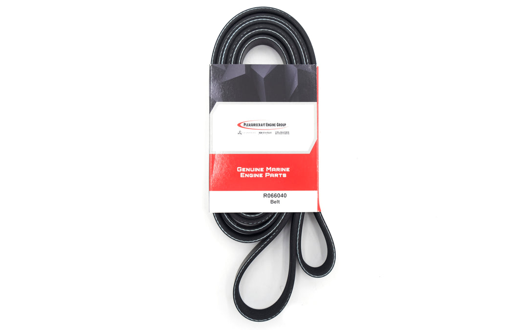Genuine marine serpentine belt for offset circulation pump, part of PCM H5/H6 engine series, with red and black packaging.