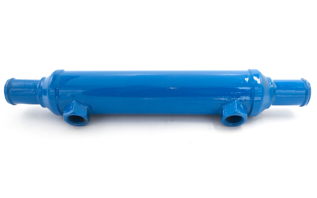 Blue PCM Challenger 6.0L oil cooler with inlet and outlet ports, designed for high-performance engine cooling.