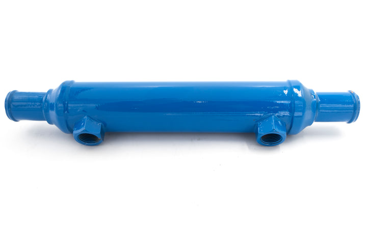 Blue PCM Challenger 6.0L oil cooler with inlet and outlet ports, designed for high-performance engine cooling.