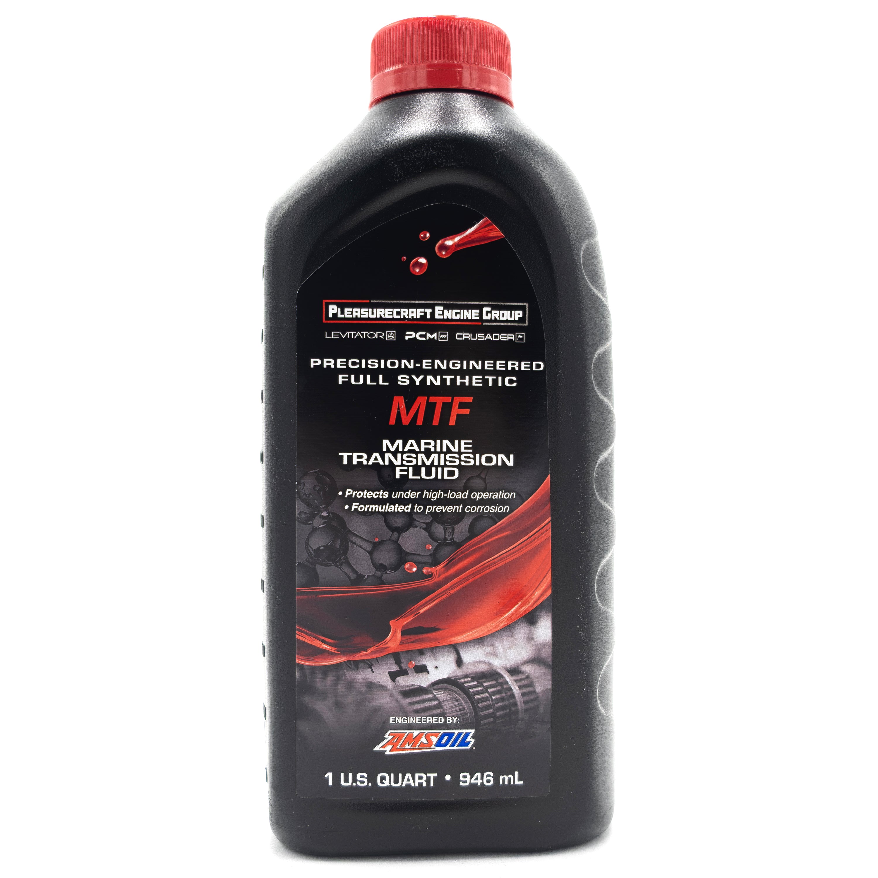 Black bottle of PCM/Challenger transmission fluid with red cap, label shows "Marine Transmission Fluid" and "Full Synthetic MTF.