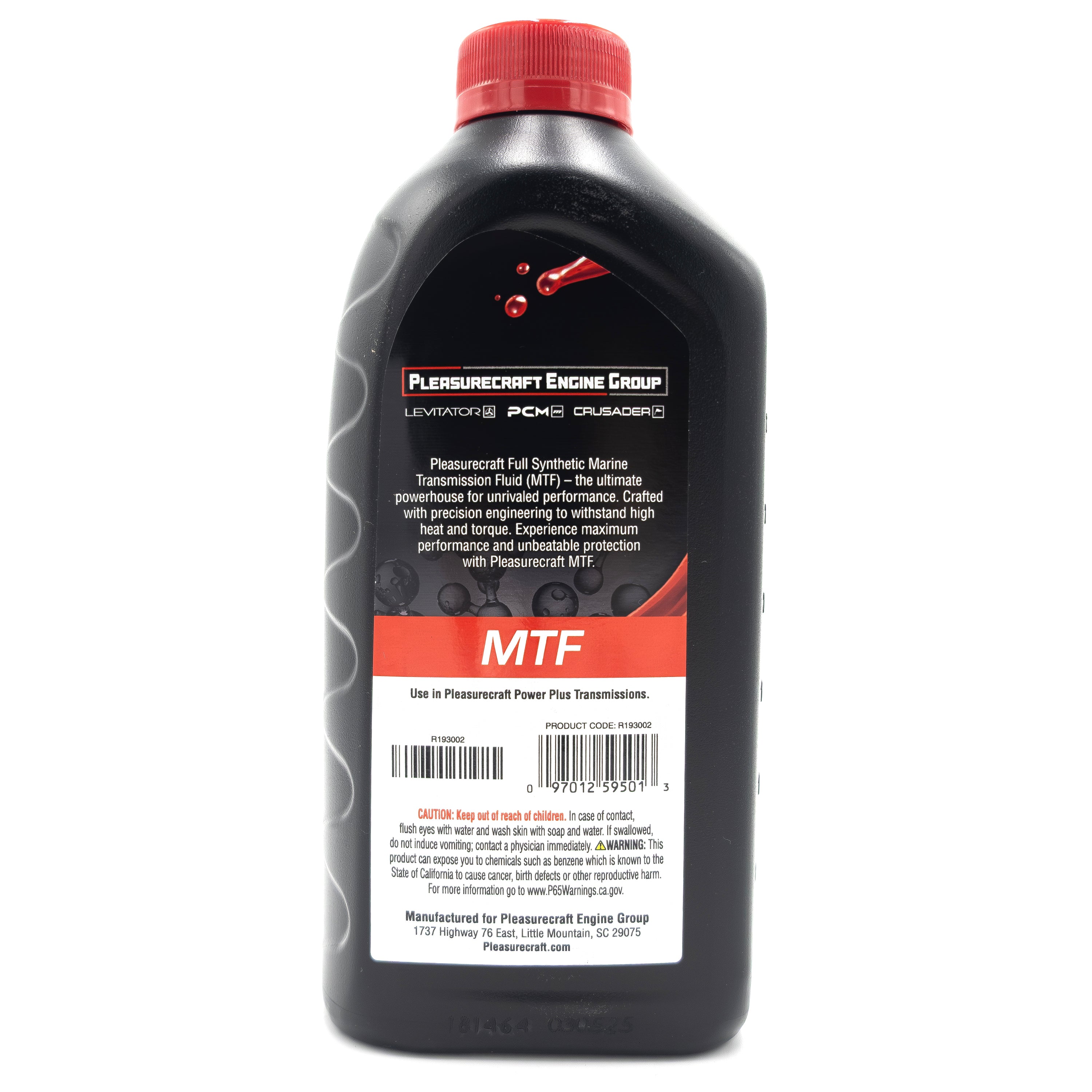 Black plastic bottle of PCM/Challenger Transmission Fluid with red cap, label featuring black, red, and white design, and product details.