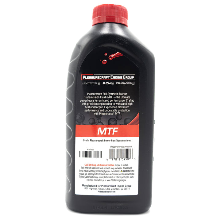 Black plastic bottle of PCM/Challenger Transmission Fluid with red cap, label featuring black, red, and white design, and product details.