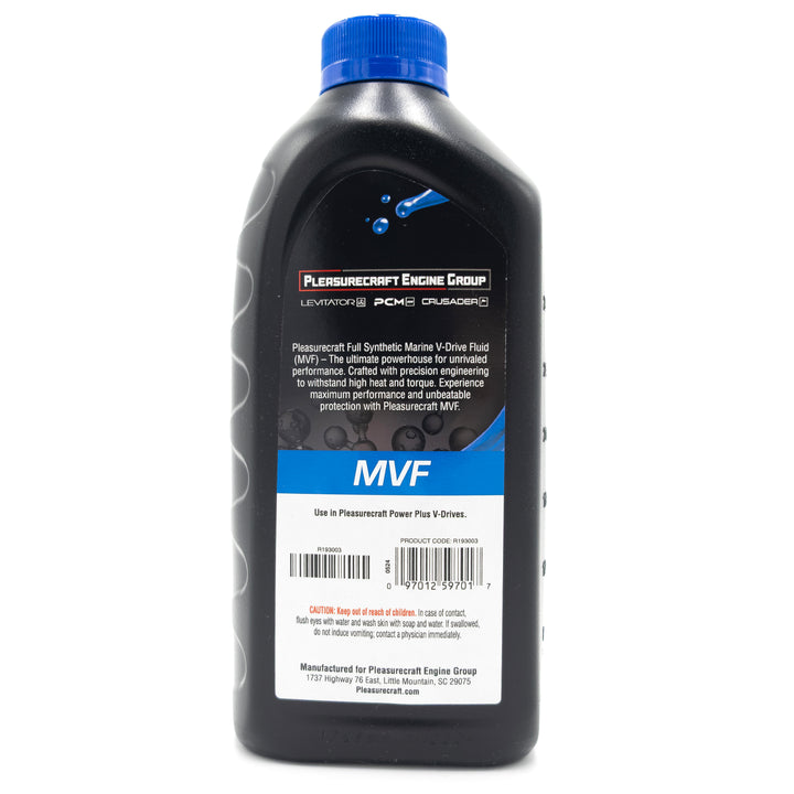 Black plastic bottle of Pleasurecraft V-Drive Fluid with blue cap, labeled for PCM/Challenger V-Drive, 1 quart size.