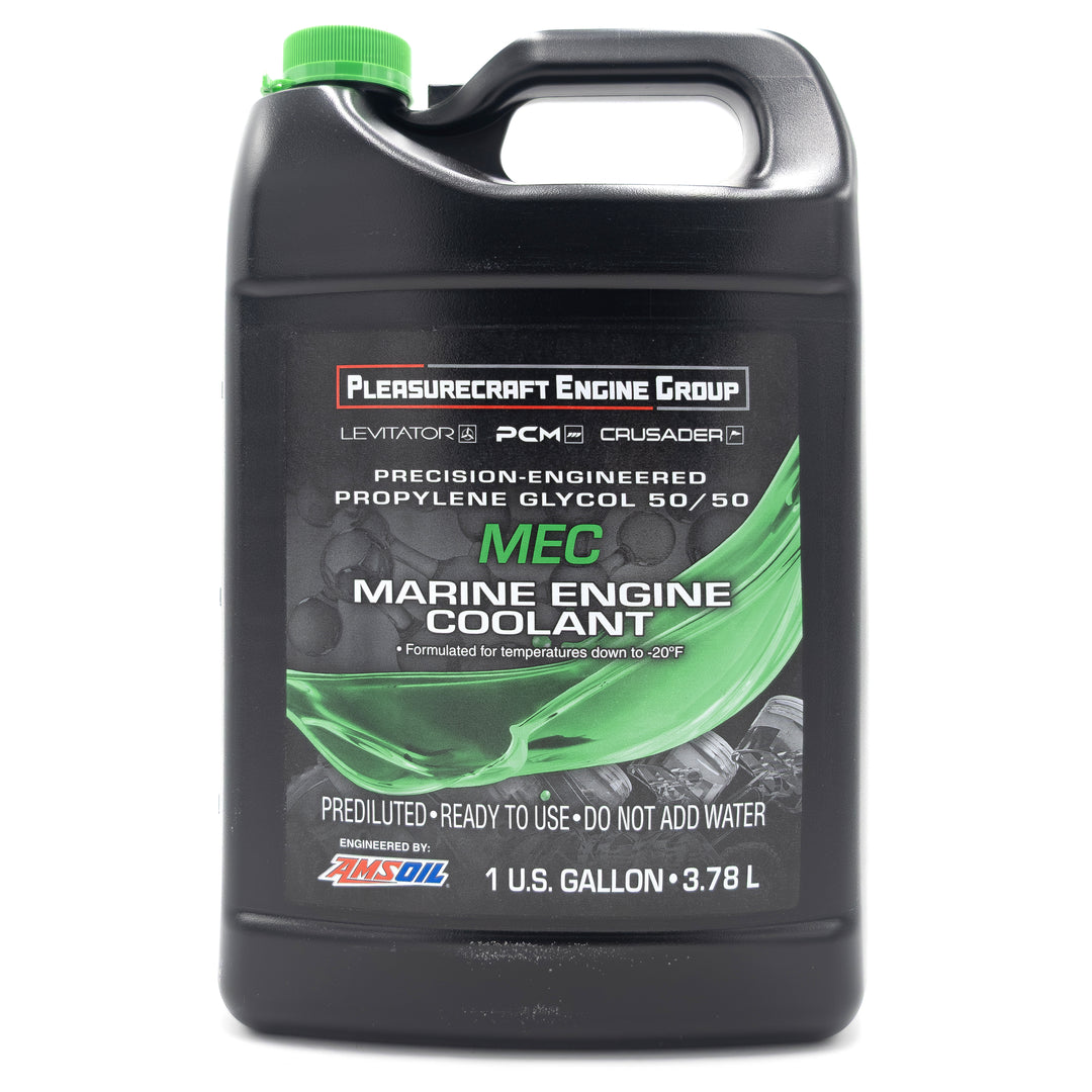 Black plastic gallon container of PCM/Challenger marine engine coolant with green cap, labeled for cooling system use.
