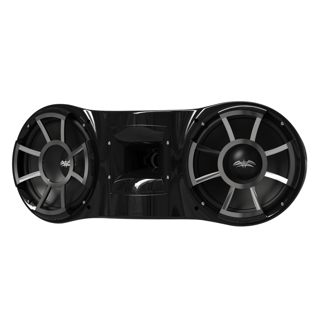 Dual 10-inch black tower speaker from Wet Sounds Revolution Series, designed for premium audio on boats.