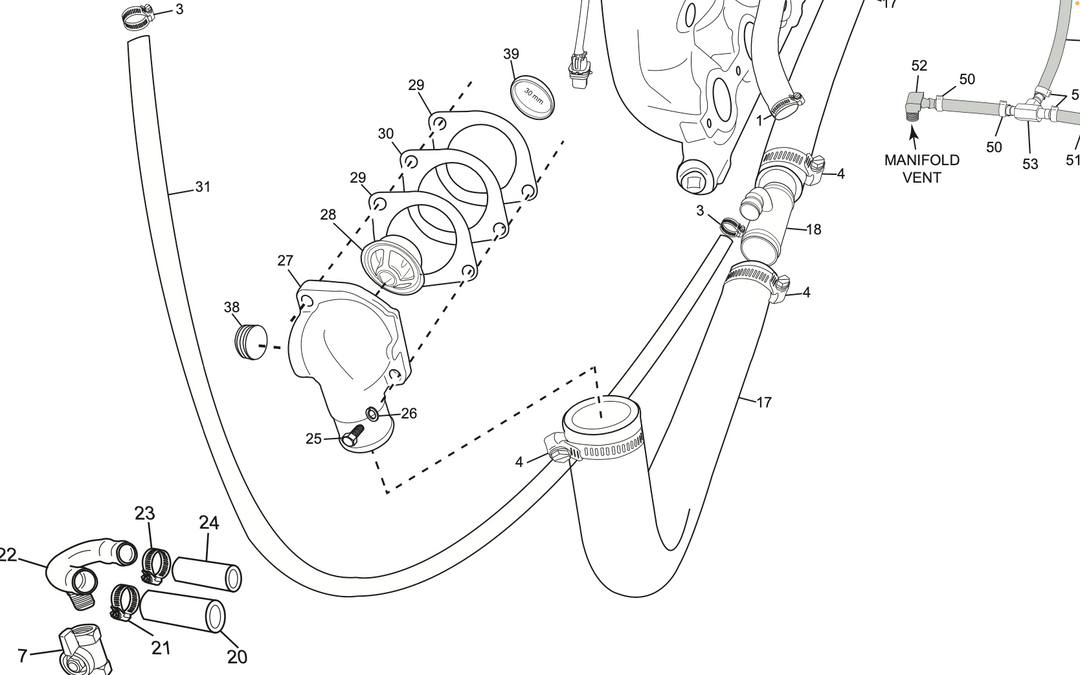 Diagram of the Thermostat Kit 6.0L Crusader Series showing hoses, clamps, and mounting components for engine cooling system.