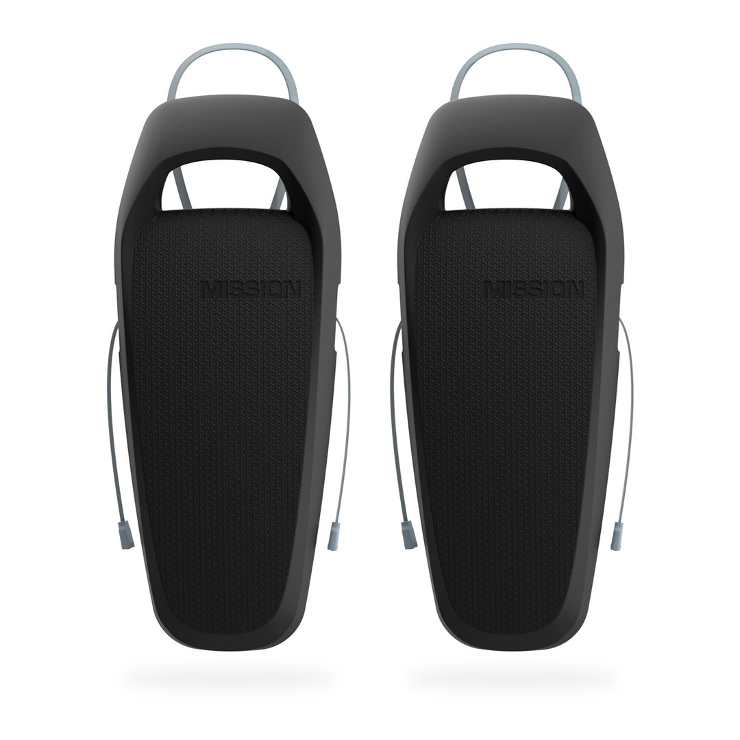 Pair of black Mission Boat SENTRY 2.0 boat fenders with textured surface, side attachment ropes, and sturdy handles for protection.