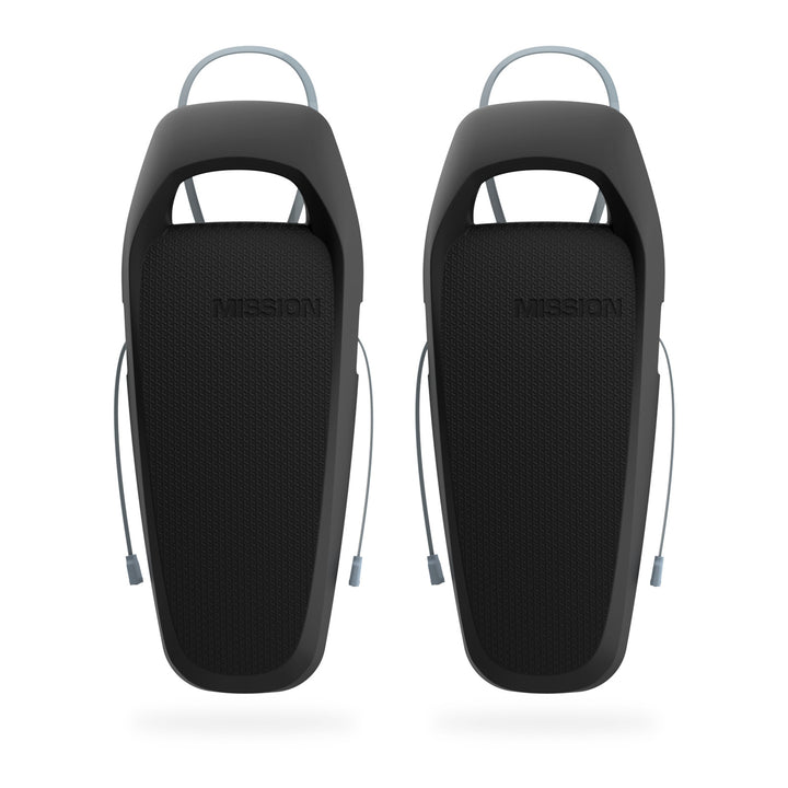 Pair of black Mission Boat SENTRY 2.0 boat fenders with textured surface, side attachment ropes, and sturdy handles for protection.