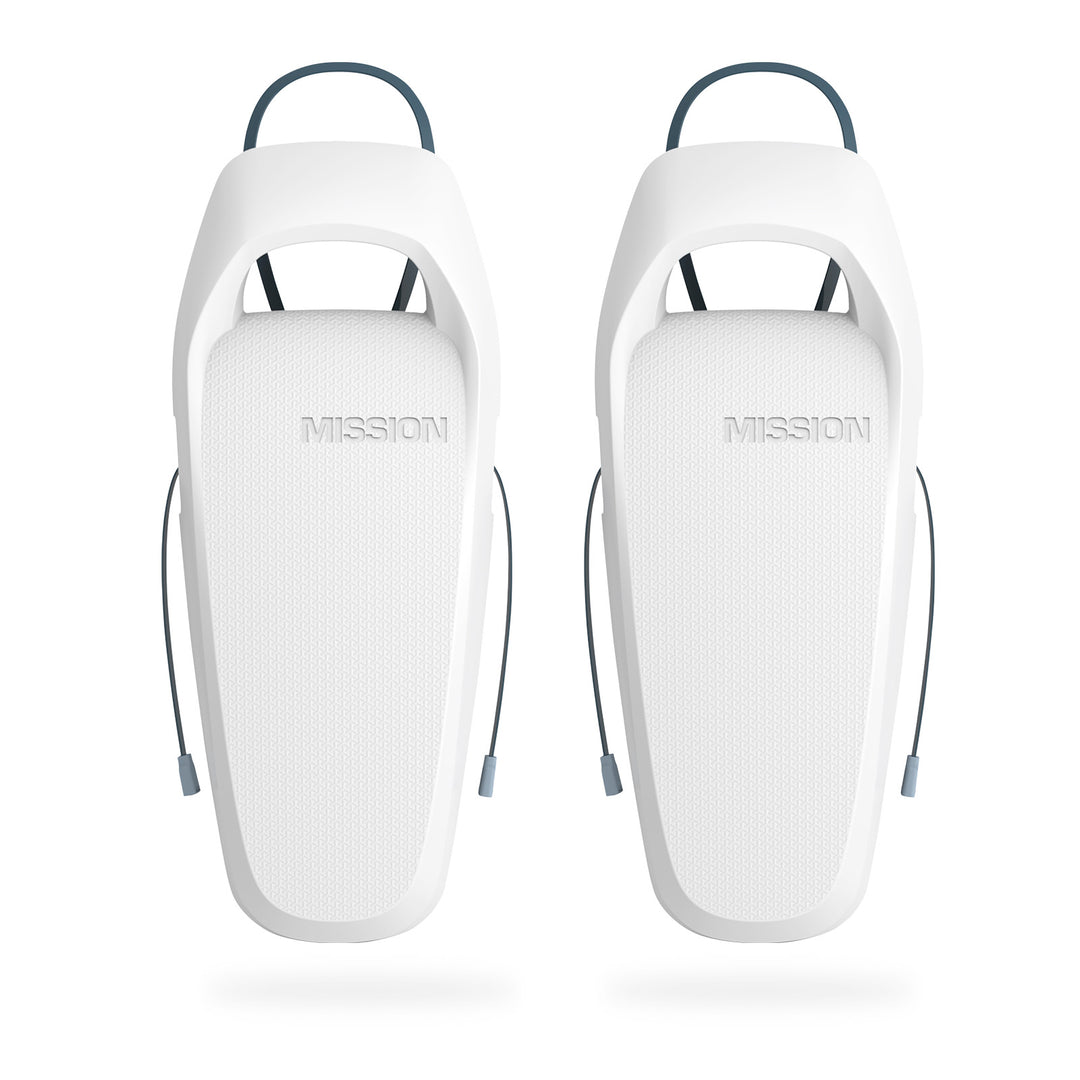 Pair of Mission Boat SENTRY 2.0 boat fenders in white with black ropes, designed to protect boats from impact and damage.