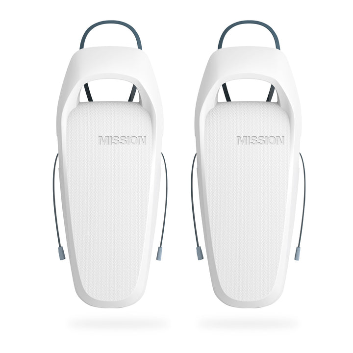 Pair of Mission Boat SENTRY 2.0 boat fenders in white with black ropes, designed to protect boats from impact and damage.