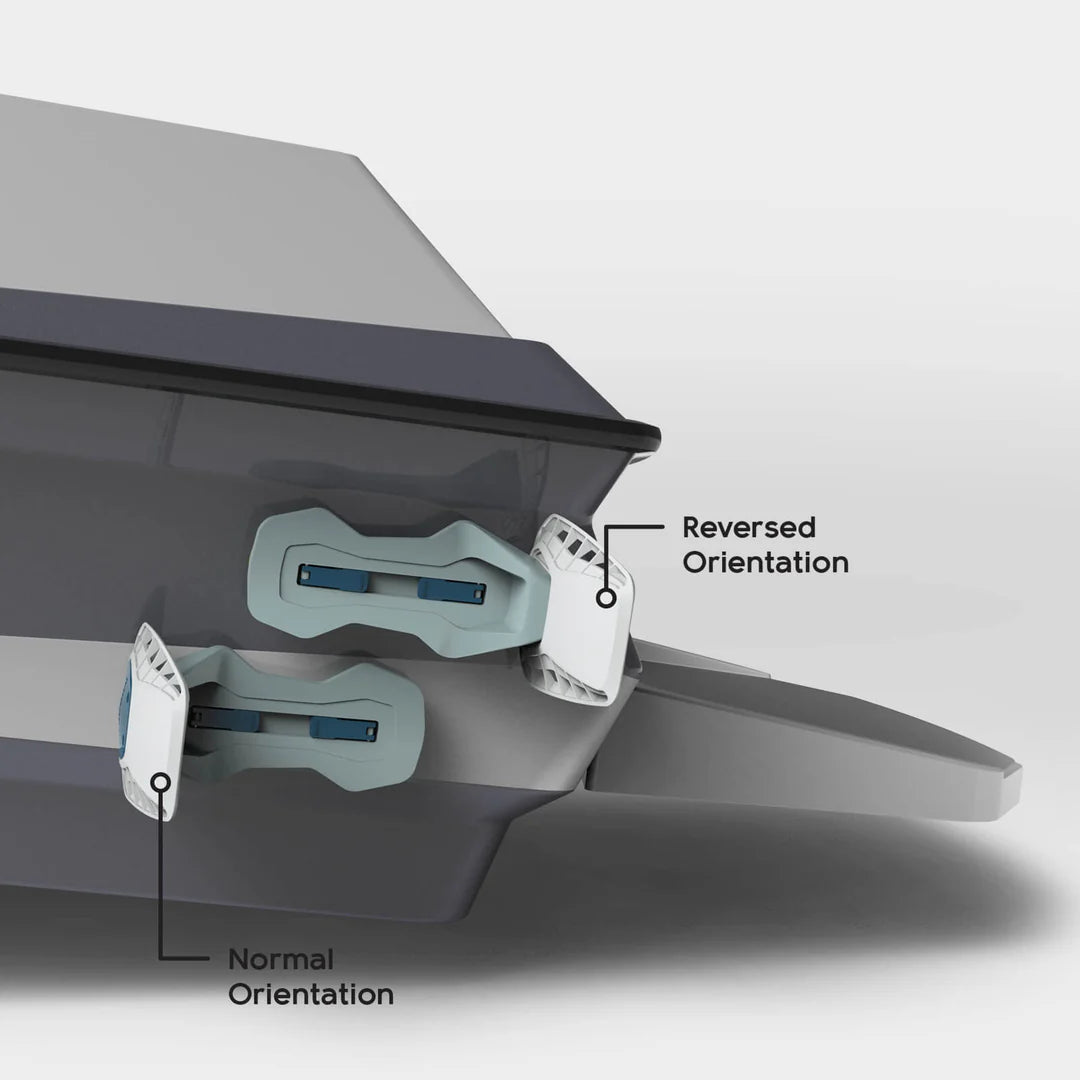 Mission Boat DELTA 2.0 Wake Shaper showing normal and reversed orientation options for customizable wake shaping.