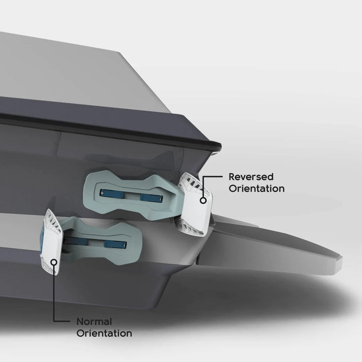 Mission Boat DELTA 2.0 Wake Shaper showing normal and reversed orientation options for customizable wake shaping.