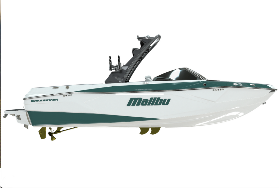 Malibu boat featuring a prominent emblem, measuring 43-1/4" W x 7-3/4" H, showcasing sleek design and quality craftsmanship.