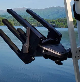 Gen 2 Pull-Pin Assembly for Malibu/Axis Clamping Rack, 2019-2023, mounted on boat with water and mountains in background.