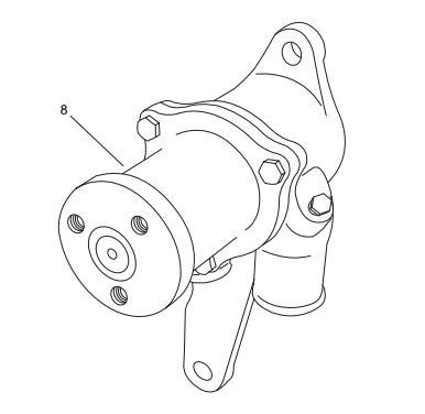 Line drawing of a PCM 6.0L Raw Water Pump Assembly with mounting points and connection ports, used in marine engine cooling systems.