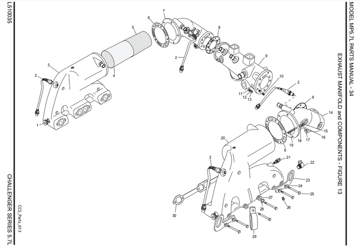Diagram of 5.7 exhaust manifold and components for Crusader/Challenger/PCM engines, showing detailed parts and assembly.