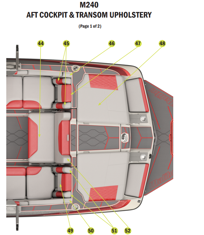 Center rear seat backrest skin for Malibu boats, designed for comfort and durability in the cockpit area.