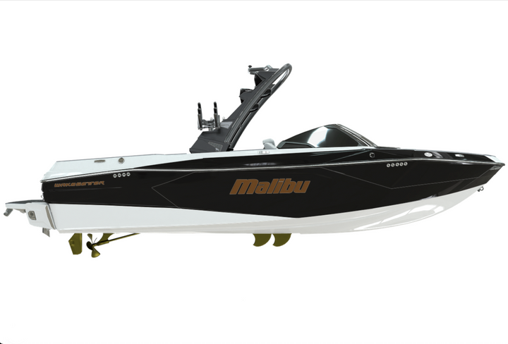 Malibu boat featuring a sleek design with a prominent Malibu emblem, ideal for enhancing your boating experience.