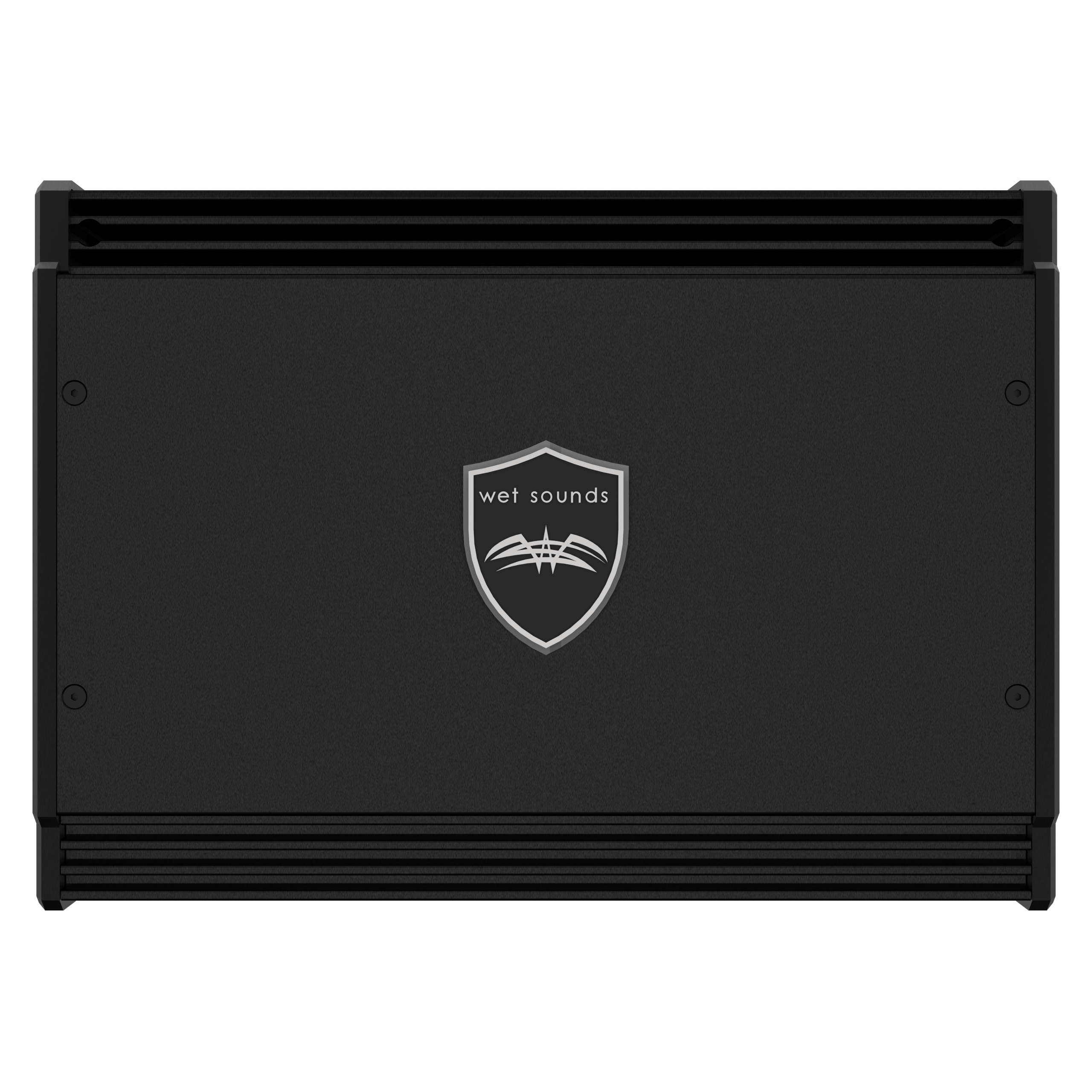 Black Wet Sounds Sinister-SDX6 6-channel marine amplifier with a shield logo on the front.