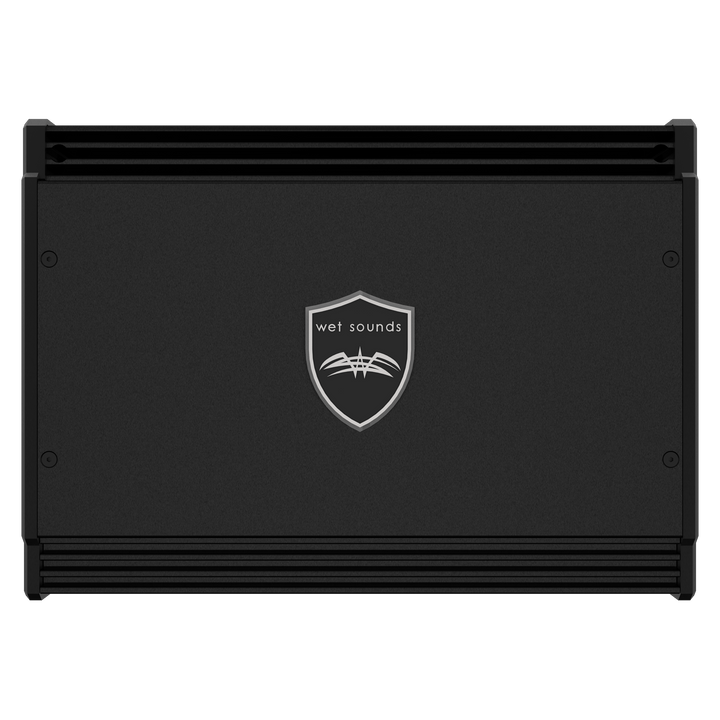 Black Wet Sounds Sinister-SDX6 6-channel marine amplifier with a shield logo on the front.