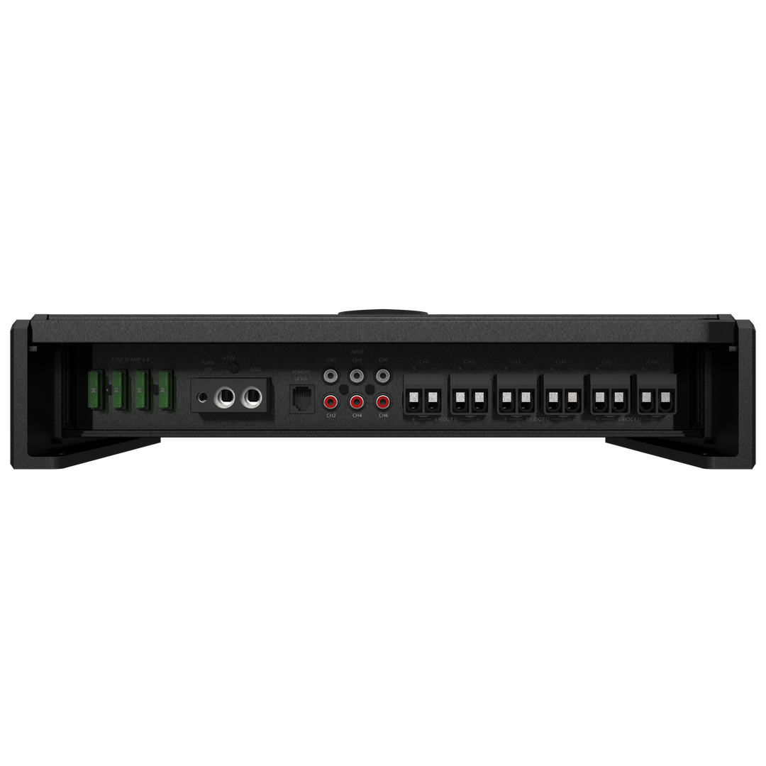 Marine-grade Sinister-SDX6 Wet Sounds 6-channel amplifier with multiple input/output ports, fuse, and control knobs for boat audio.