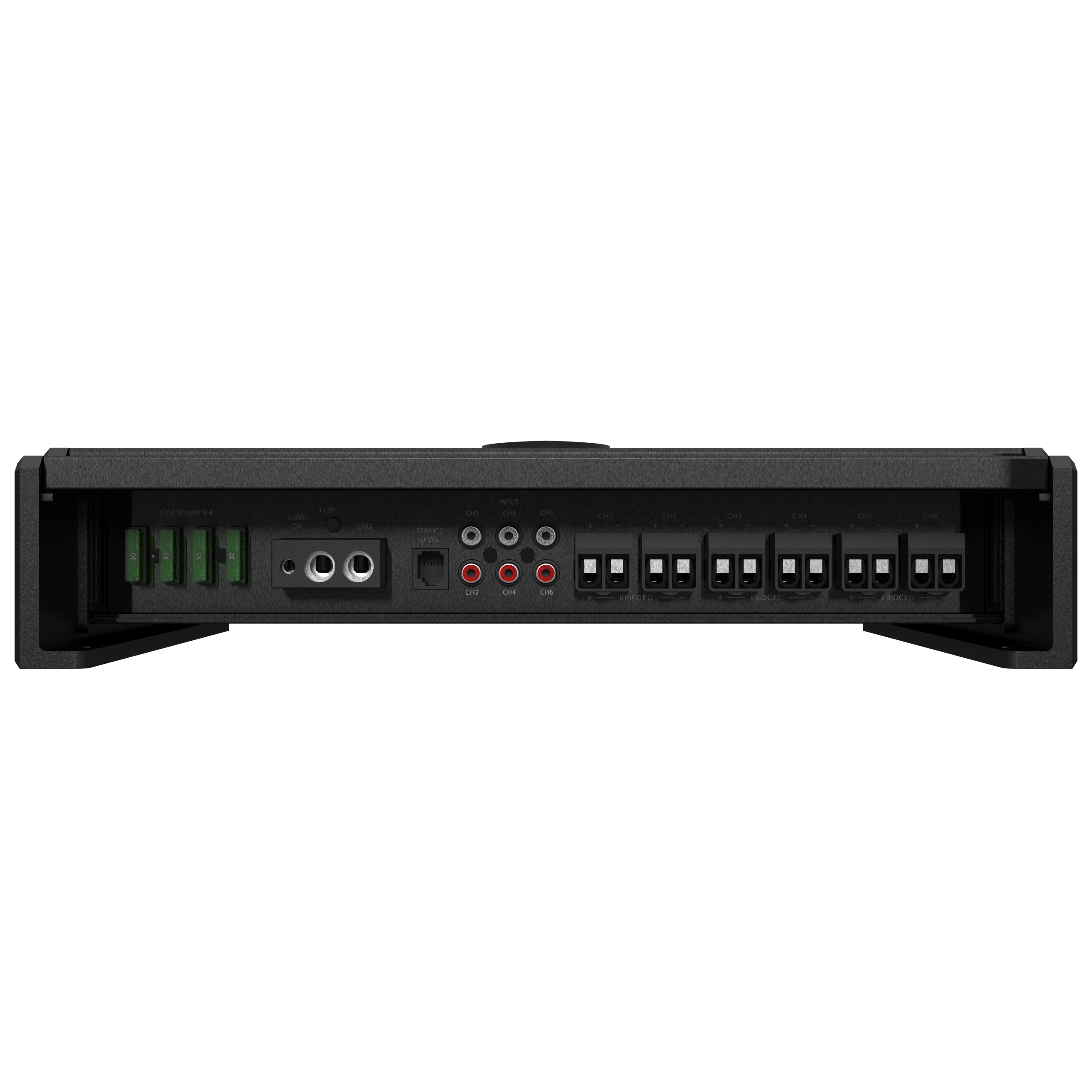 Marine-grade Sinister-SDX6 Wet Sounds 6-channel amplifier with multiple input/output ports, fuse, and control knobs for boat audio.